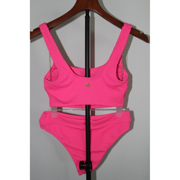 Billabong Neon Pink Smocked Bikini Set Scoop Neck High Cut Two Piece Small - Picture 3 of 9